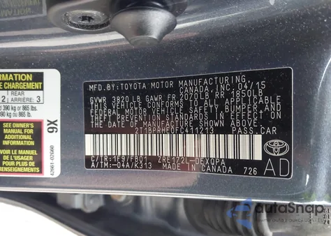 2015 Toyota Corolla Le Eco z USA, uszkodzony, nr VIN 2T1BPRHE0FC411213